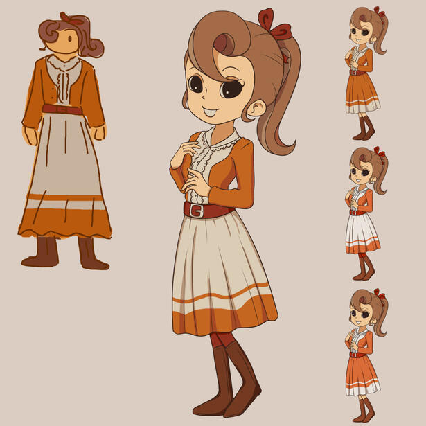Flora, Professor Layton - Original design sketch, finished art, and alternate colors
